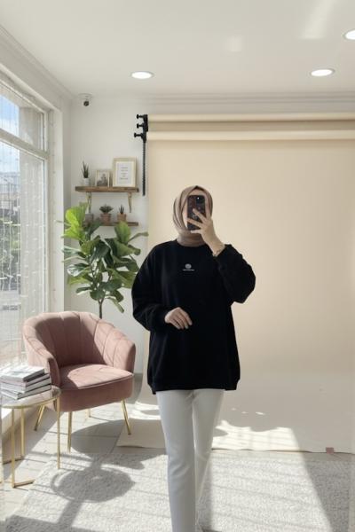 Oversize interlok sweatshirt Siyah