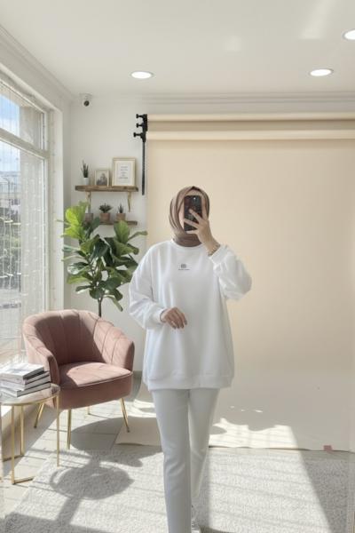 Oversize interlok sweatshirt Beyaz