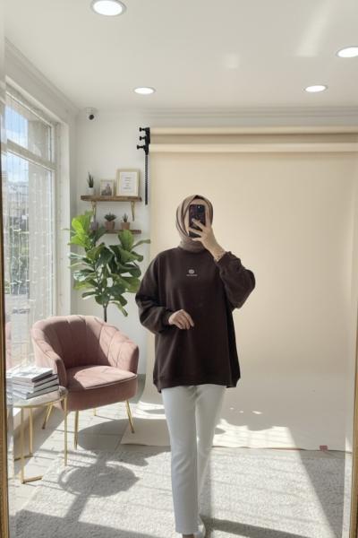 Oversize interlok sweatshirt Kahverengi