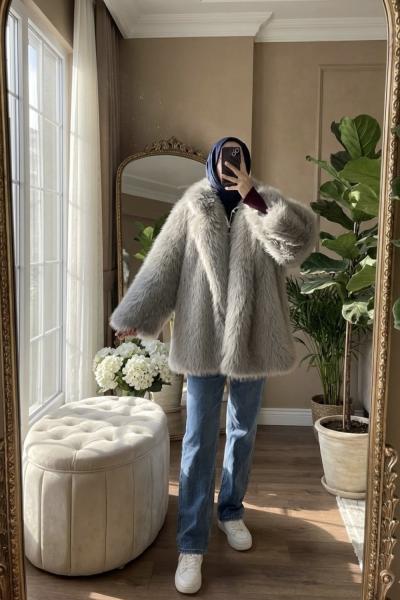 Oversize kürk ceket Gri