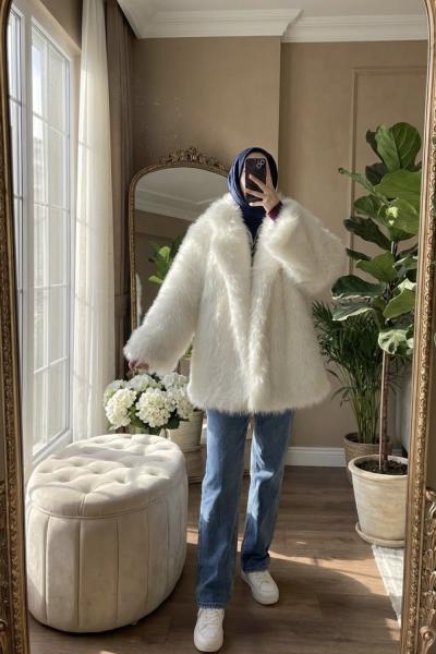 Oversize kürk ceket Beyaz