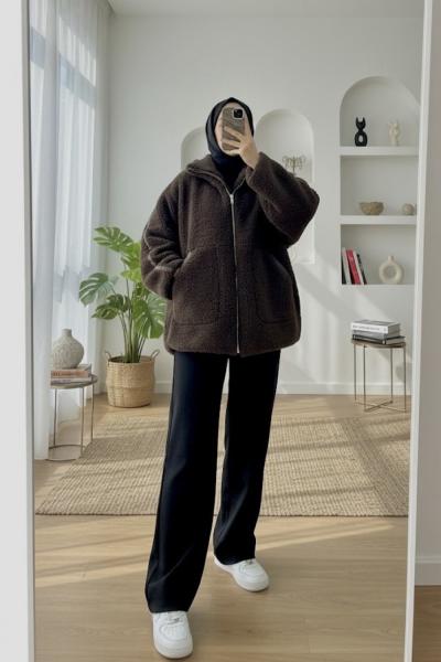 Oversize Peluş Mont Acı Kahve