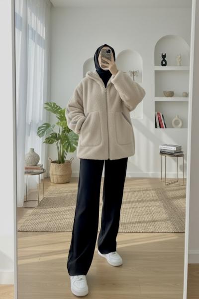 Oversize Peluş Mont Krem