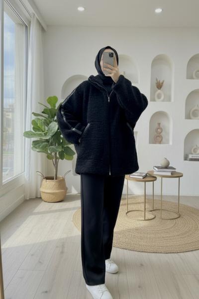 Oversize Peluş Mont Siyah