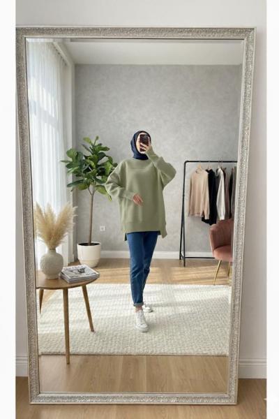 Parmak Geçirmeli Sweatshirt Mint Yeşili