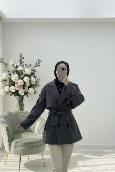 Pelerinli kısa kaban Antrasit