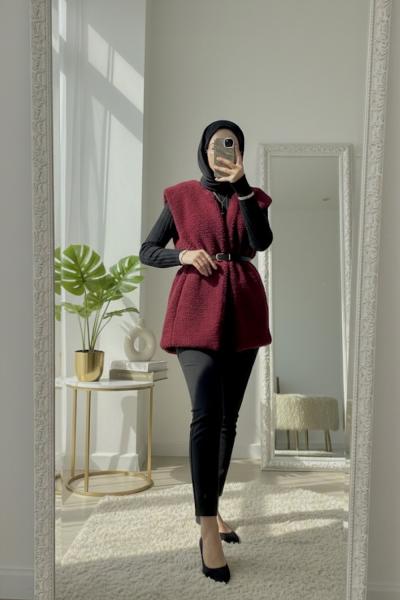 Peluş kemerli yelek Bordo
