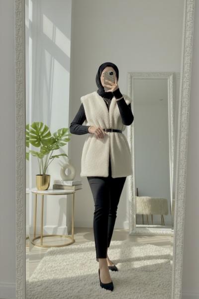 Peluş kemerli yelek Krem