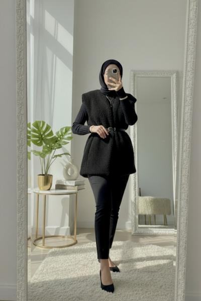 Peluş kemerli yelek Siyah