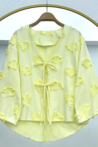 Püsküllü  keten kimono Sarı