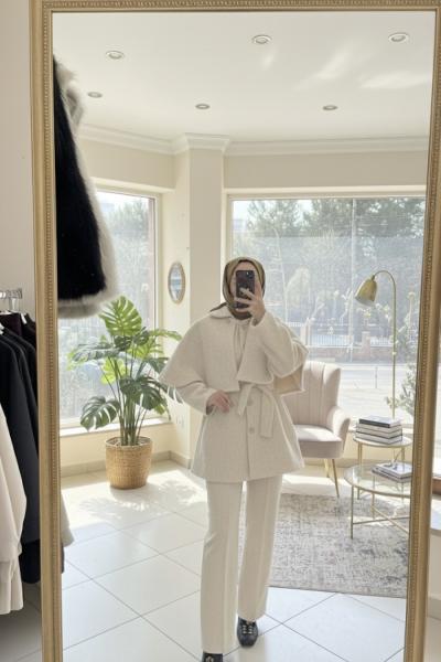 Royale pelerinli ceket Krem