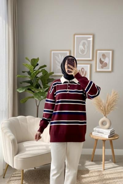 Şeritli Triko Kazak Bordo