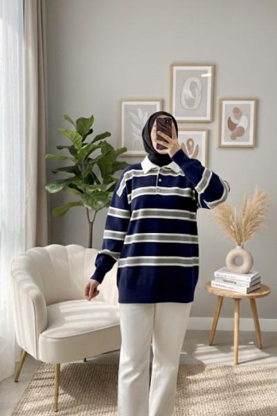 Şeritli Triko Kazak Lacivert