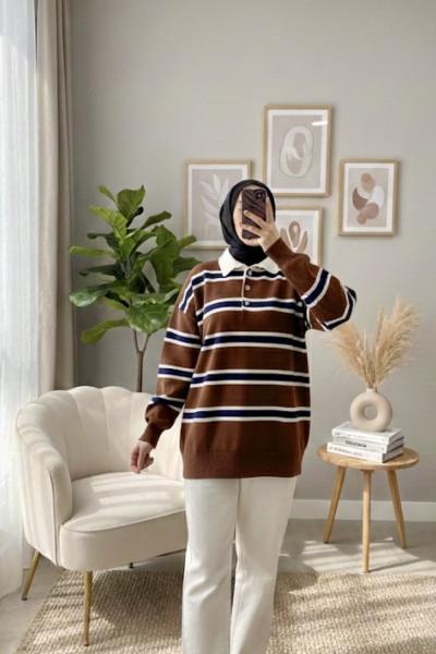 Şeritli Triko Kazak Kahverengi