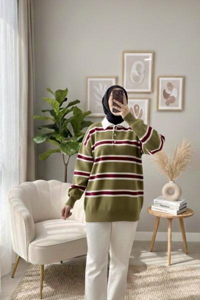 Şeritli Triko Kazak Yeşil