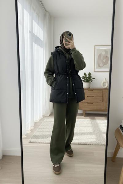 Şişme yelekli eşofman takımı Yeşil