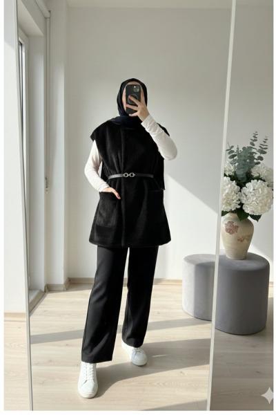 Tay Tüyü Kemerli Yelek Siyah