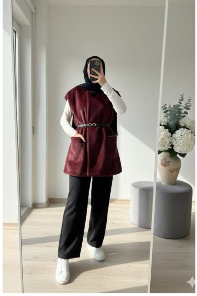 Tay Tüyü Kemerli Yelek Bordo