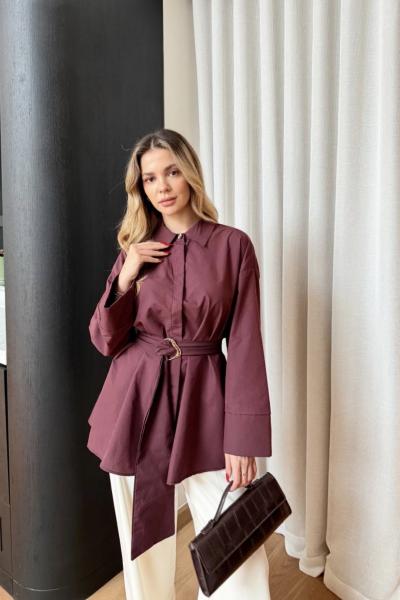 Toka Detaylı Uzun Kuşaklı Gömlek Bordo