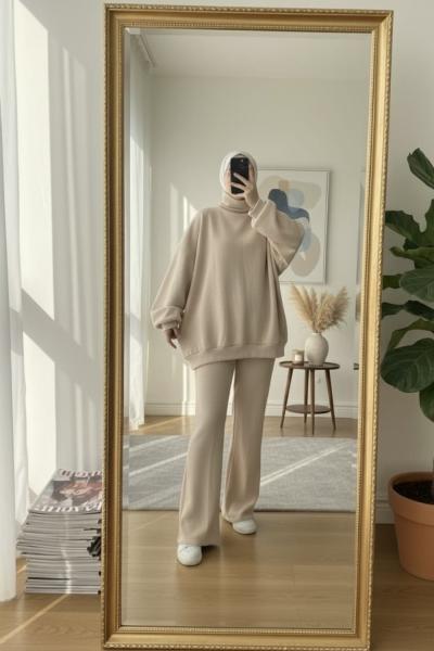 Üç iplik oversize takım Krem