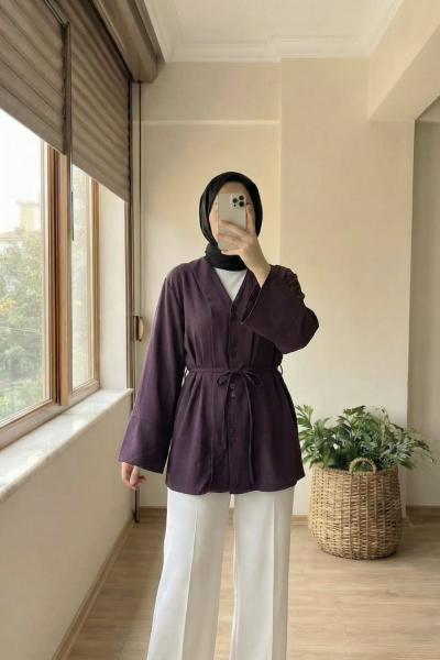 V Yaka Belden Bağlamalı Gömlek Mürdüm