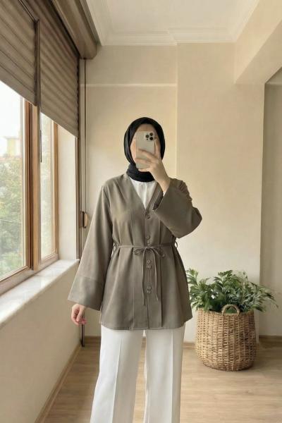 V Yaka Belden Bağlamalı Gömlek Mint Yeşili