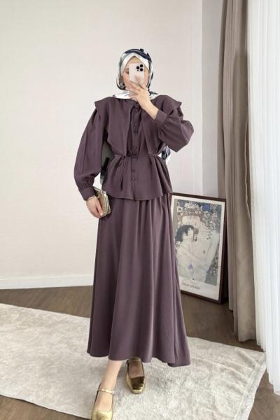 Yaka Detaylı Etekli Takım Mürdüm