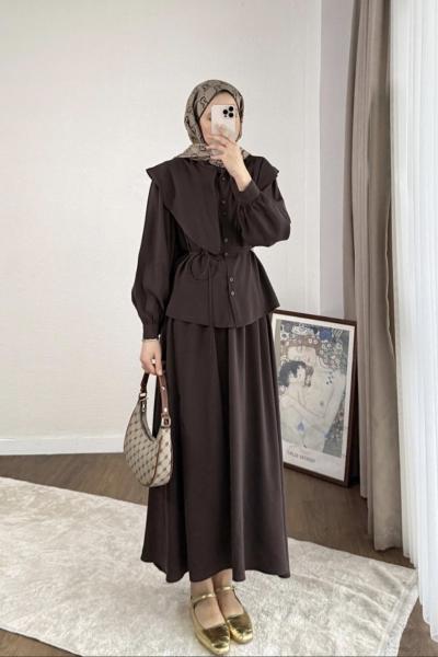 Yaka Detaylı Etekli Takım Acı Kahve