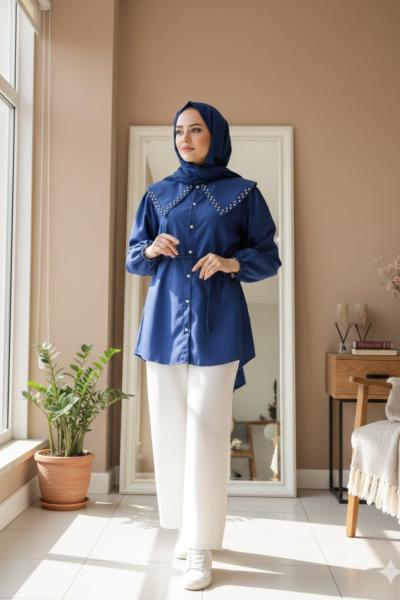 Yakası Taşlı Gömlek Lacivert