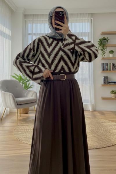 Zigzag Etek Üstü Kazak Acı Kahve