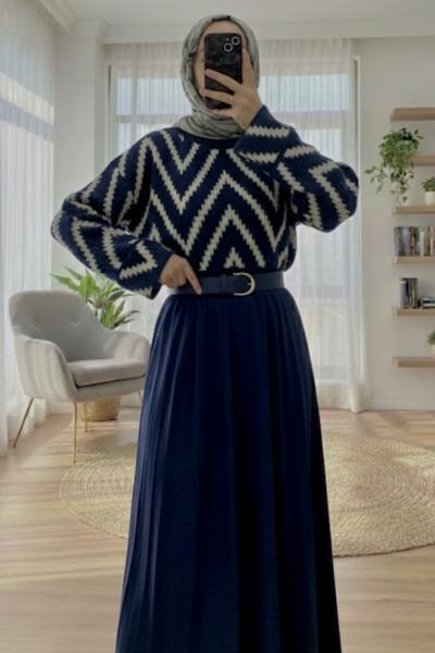 Zigzag Etek Üstü Kazak Lacivert