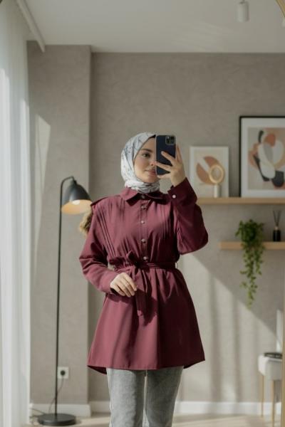 Nervürlü belden bağlamalı gömlek