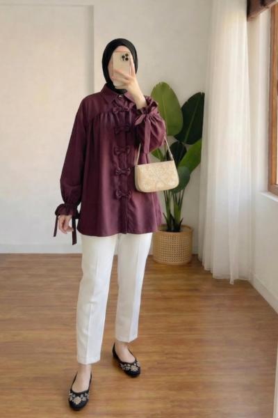 Kolu Bağlamalı Fiyonklu Gömlek