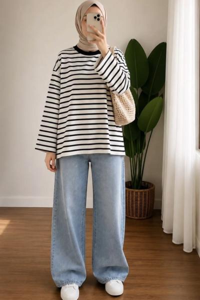 Çizgili Oversize Bluz
