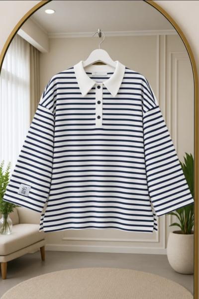 Polo Yaka Çizgili Sweat
