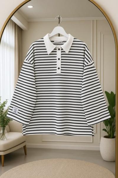 Polo Yaka Çizgili Sweat
