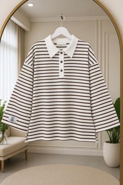 Polo Yaka Çizgili Sweat