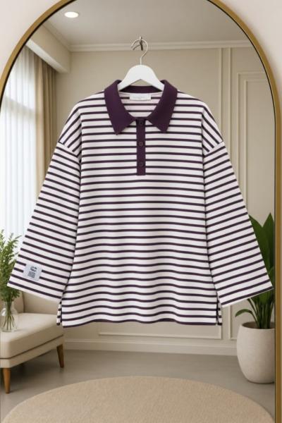 Polo Yaka Çizgili Sweat